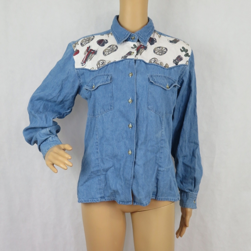 Vintage Cowboy Rodeo Denim Shirt Country Button Up Retro Western Horse